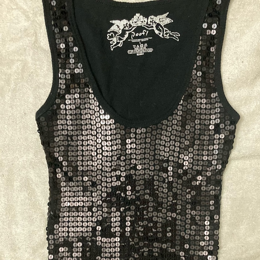 Black Sleeveless Tank Top Sequins Shimmer Vintage 90s Glam Party Y2K L Poof!